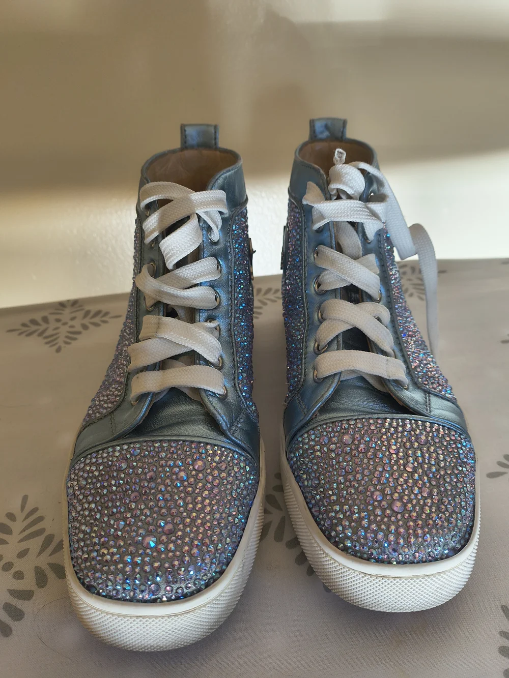 Christian Louboutin Metallic Blue Crystal High-Top Sneakers - Picture 6 of 11